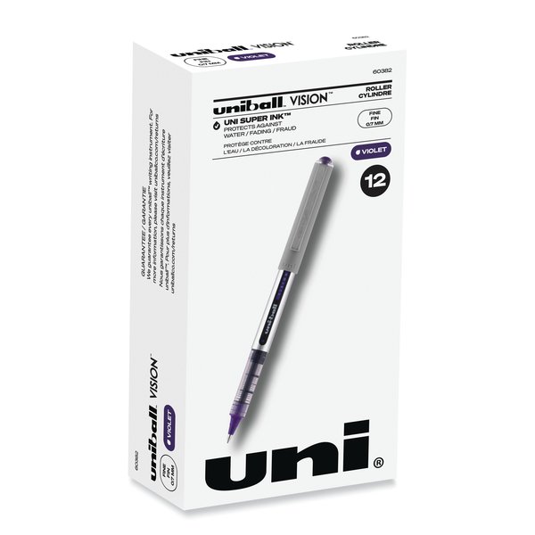 Uni-Ball Stick Roller Ball Pen, Fine 0.7mm, Purple Ink, Gray Barrel, PK12 60382